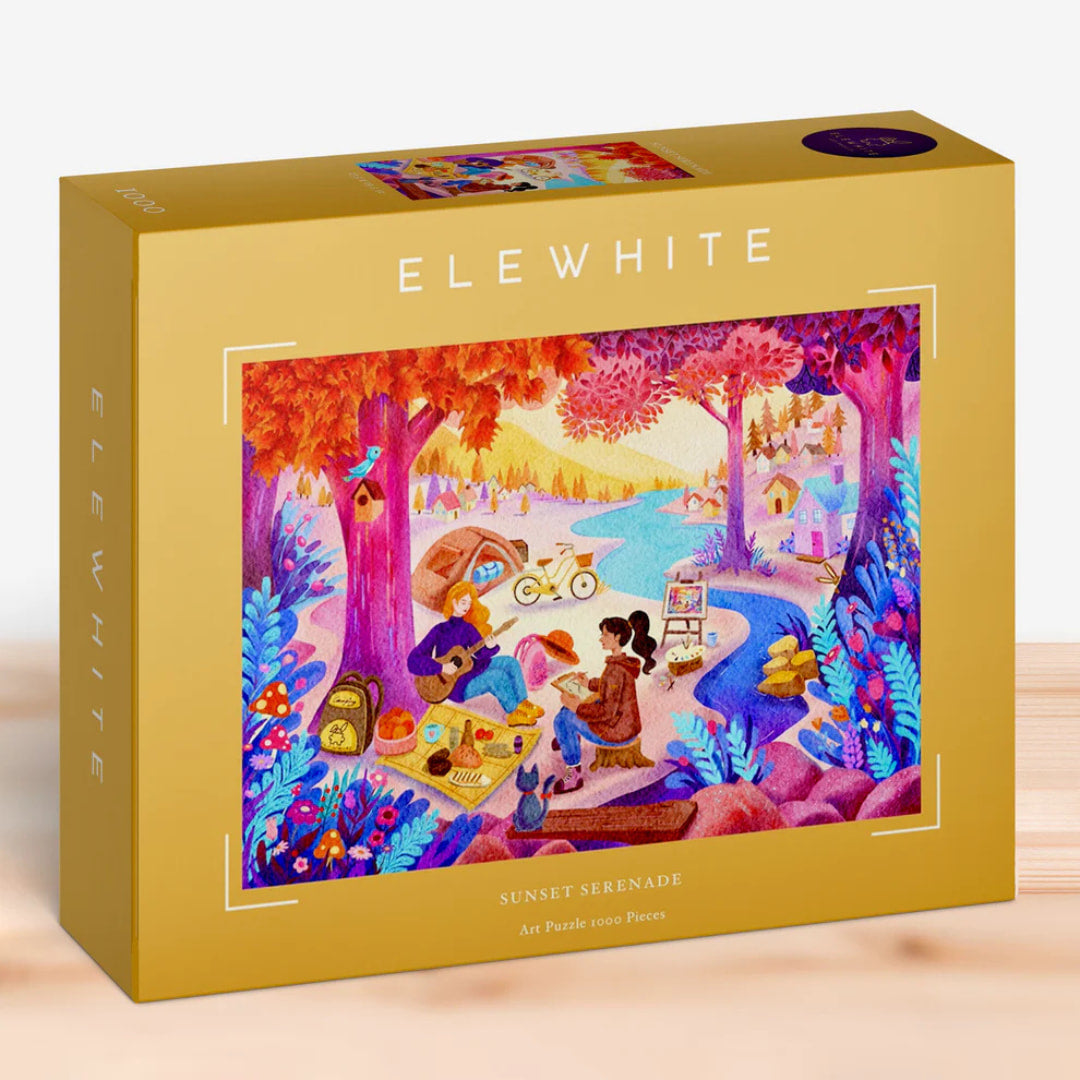 Elewhite puzzle box with colorful artwork on a wooden surface