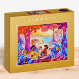 Elewhite puzzle box with colorful artwork on a wooden surface