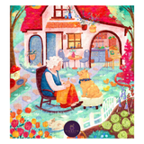 Colorful illustration of an elderly woman with a dog in a garden setting, featuring a house in the background.