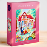 Pink puzzle box with artwork of a person in a chair and dog in a garden, featuring the brand 'Elewhite'.