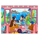 Illustration of two women on a train looking out the window at a scenic view.