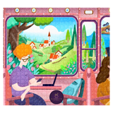 Illustration of a person on a train looking out at a scenic landscape with a brand logo in the corner.