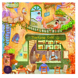 Illustration of a treehouse cafe with people enjoying their time.