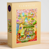Puzzle box with a colorful illustration of a café and 'Elewhite' branding on a light background