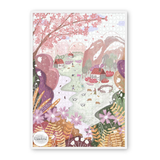 Illustration of a whimsical landscape with houses, trees, and animals, featuring the brand 'elewhite'.