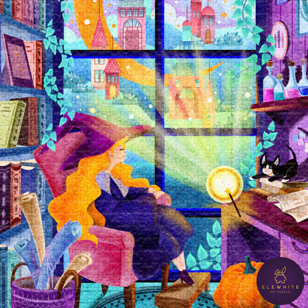Colorful puzzle with a witch and cat in a cozy room, featuring the Ellerwhite Art Puzzle logo.