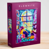 Colorful puzzle box with 'Elewhite' branding on a wooden surface