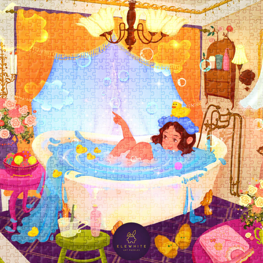 jigsaw puzzle  of a person in a bathtub with rubber ducks and bubbles, surrounded by decorative elements.