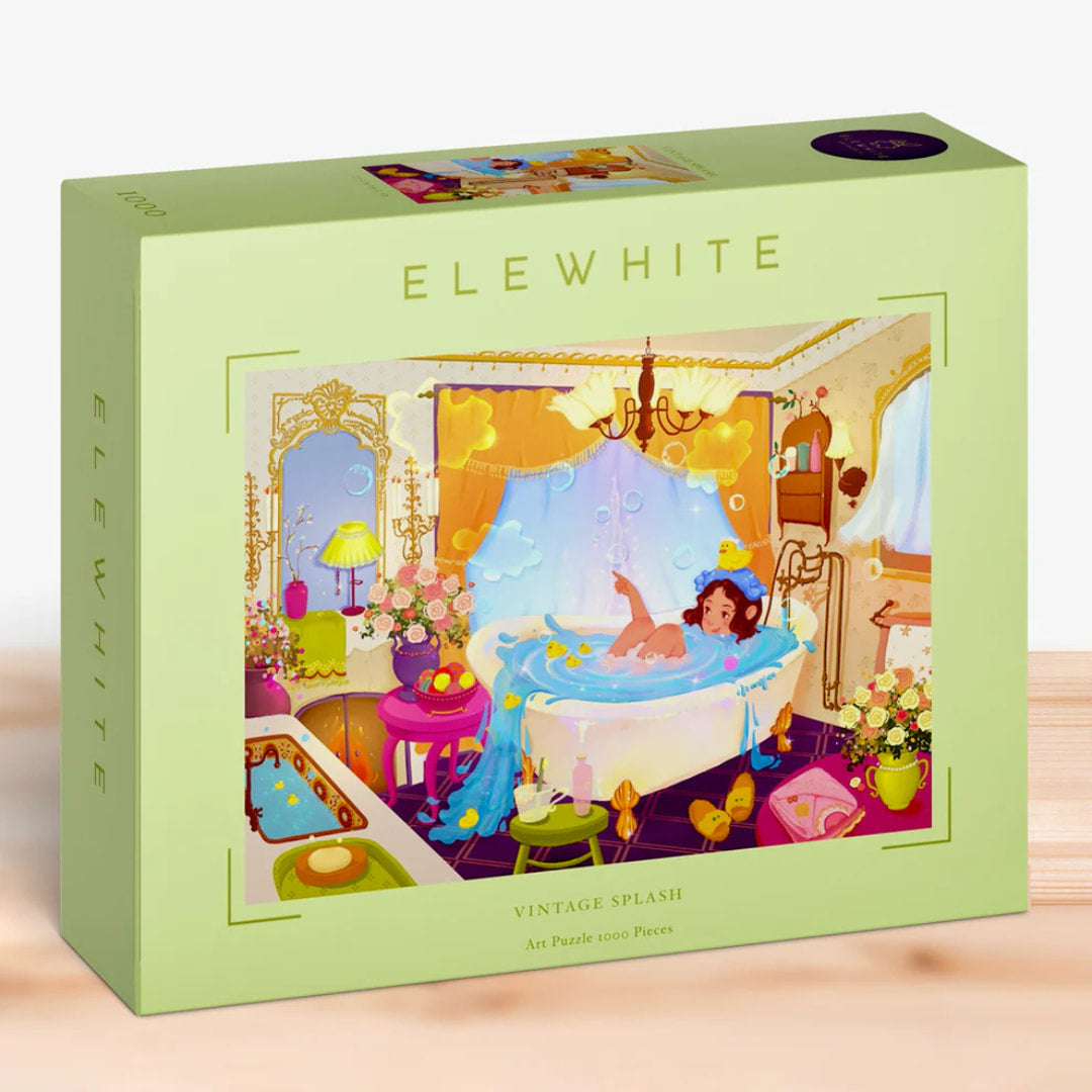 Puzzle box with colorful illustration of a vintage bathroom scene and 'Elewhite' branding.