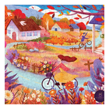 Colorful puzzle with a bicycle and village scene