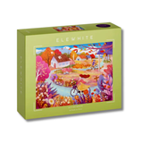 Elewhite puzzle box featuring a girl on a bike