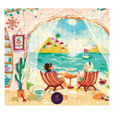 Jigsaw puzzle with a colorful design of two people by a poolside, featuring the brand 'Elewhite' at the bottom.