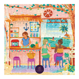 Colorful illustration of a beach bar scene with people enjoying drinks, surrounded by palm trees and a boat.
