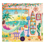 Colorful puzzle with a tropical scene featuring a woman in a hammock, palm trees, and a surfboard.