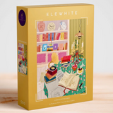 A 500-piece jigsaw puzzle box by the brand ELEWHITE, titled 'Lamplight Reverie'. The box is mustard yellow with an illustrated cover showing a cozy, colorful bookshelf and study scene.