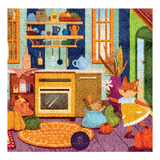 Colorful puzzle piece with a fox character in a kitchen setting, featuring a brand logo at the bottom.