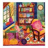 Colorful puzzle with a cozy room scene featuring books, pumpkins, and a chair.