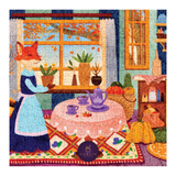 Jigsaw puzzle with a fox character and autumn-themed scene, featuring a table with teacups and pumpkins.