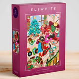 A 1000-piece jigsaw puzzle box by ELEWHITE titled 'Self-Care Is Like'. The box is a deep magenta-purple color with a colorful illustration of a cozy, cluttered Christmas living room scene on the front.