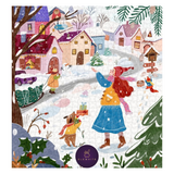 A completed illustrated jigsaw puzzle featuring a cozy snowy village scene with houses, evergreen trees, a sleigh, and children and animals in winter clothing. The puzzle is shown against a white background with the brand name 'ELEWHITE' visible at the bottom.