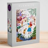 Elewhite 'Snowfall Symphony' 1000-piece jigsaw puzzle box, featuring a colorful winter village illustration on a light gray background.