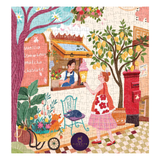 Colorful illustration of a street scene with a woman, a cat, and a lemon tree.