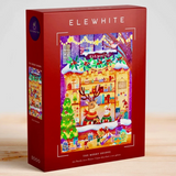 A red jigsaw puzzle box by ELEWHITE titled 'The Merry Shoppe', standing upright on a light wood surface against a neutral light gray background. The front of the box features a colorful illustrated Christmas shop scene with a reindeer, tree, gifts, and snow, and the box shows 1000 pieces.