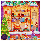 A completed jigsaw puzzle featuring a colorful Christmas village scene with a deer, rabbit, Christmas tree, gifts, and warm storefront details, shown on a white background with an ELEWHITE brand mark in the lower left corner.