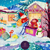 A colorful Christmas-themed jigsaw puzzle featuring a snowy village scene with a house, Santa Claus, a snowman, gifts, candy canes, and a child by a window. The puzzle pieces are visible across the entire frame, and a circular 'ELEWHITE' brand logo is printed near the bottom center.