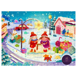 A colorful Christmas-themed jigsaw puzzle featuring two children in winter clothing in a snowy village scene with houses, trees, gifts, and a star. The puzzle pieces are visible across the entire image, and a circular 'ELEWHITE' brand logo is shown in the bottom right corner.