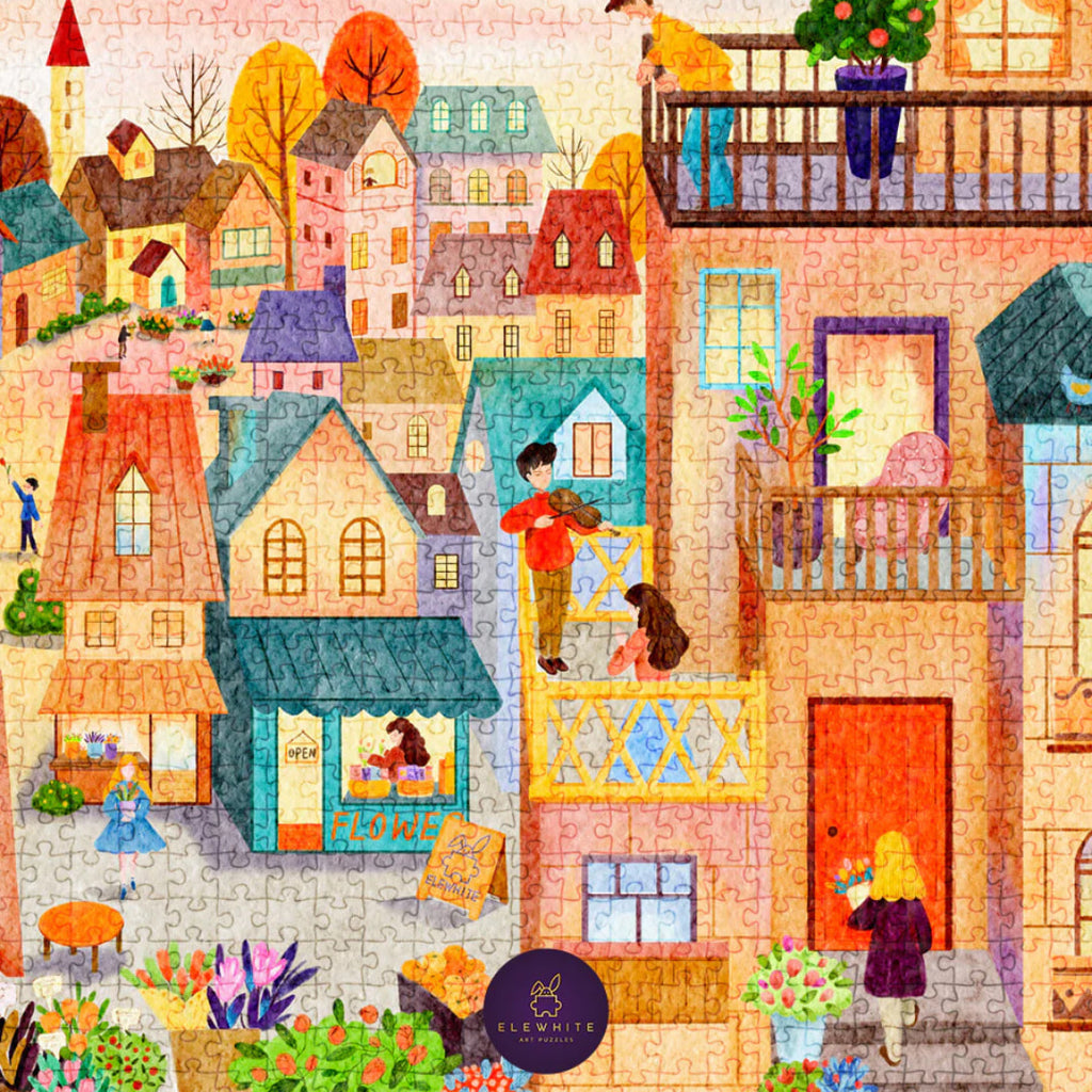 Colorful jigsaw puzzle of a quaint town with people and buildings