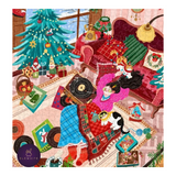 A colorful jigsaw puzzle featuring a cozy, whimsical Christmas living room scene with a decorated tree, red velvet sofa, wrapped gifts, records, and a woman in a pink coat. The puzzle is shown assembled with a small circular 'ELEWHITE' brand logo in the bottom-left corner