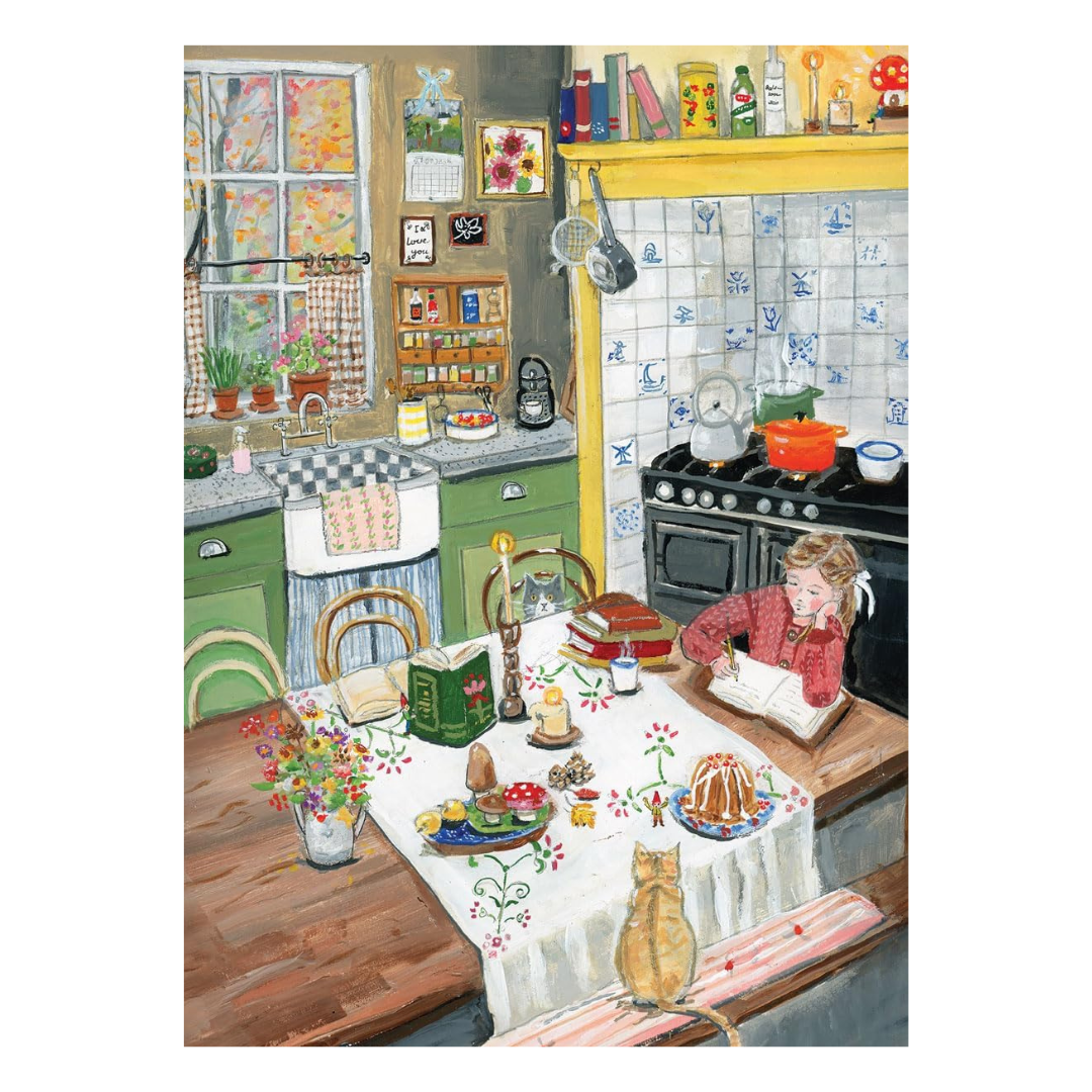 Illustration of a cozy kitchen with a woman, cat, and table setting.