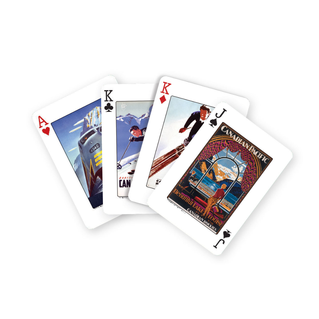 Set of playing cards with artistic designs on a white background