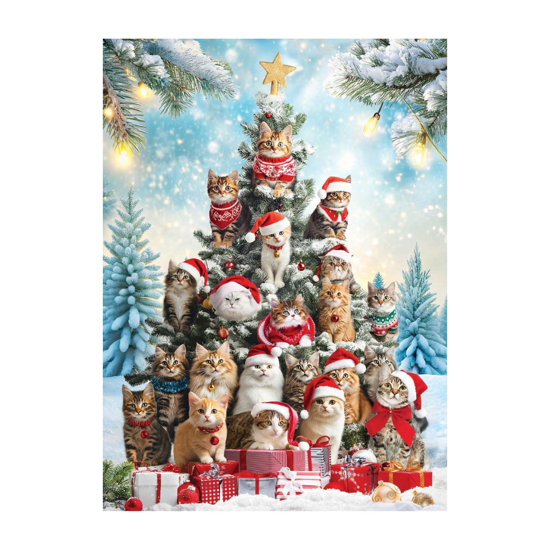 Christmas puzzle with cats in festive attire around a decorated Christmas tree.