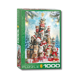 Jigsaw puzzle box with Christmas-themed design featuring cats in holiday attire.