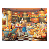 Illustration of a cheese shop with a woman and dog looking at cheese.