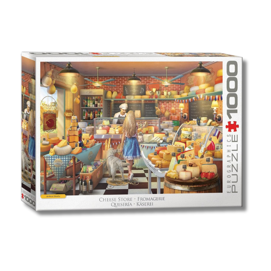 Jigsaw puzzle box featuring a cheese store scene with people and shelves of cheese.