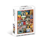 Box of playing cards featuring a collage of famous artworks on a white background