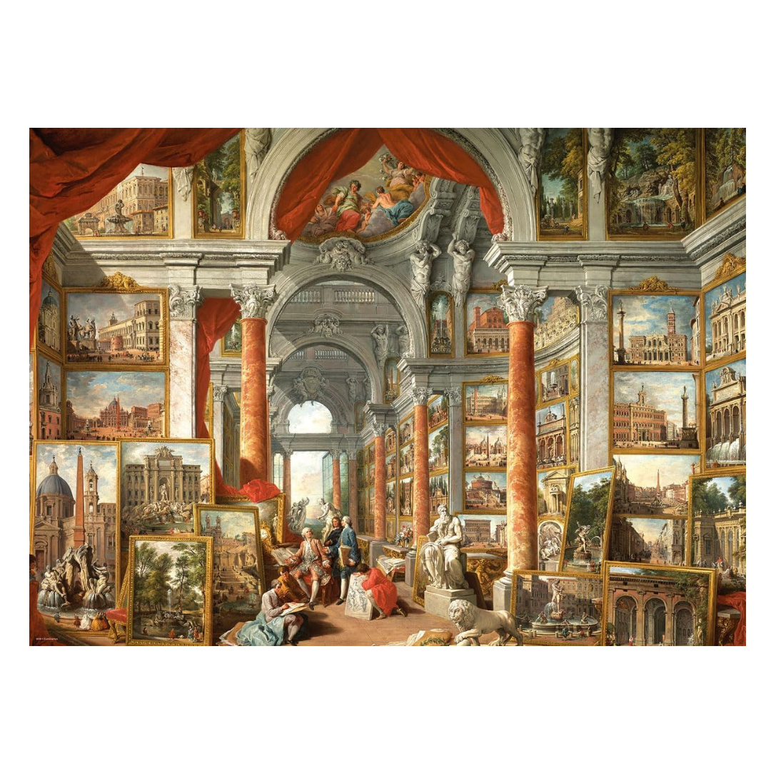 Art gallery with classical architecture and people admiring paintings