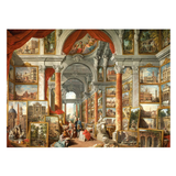 Art gallery with classical architecture and people admiring paintings