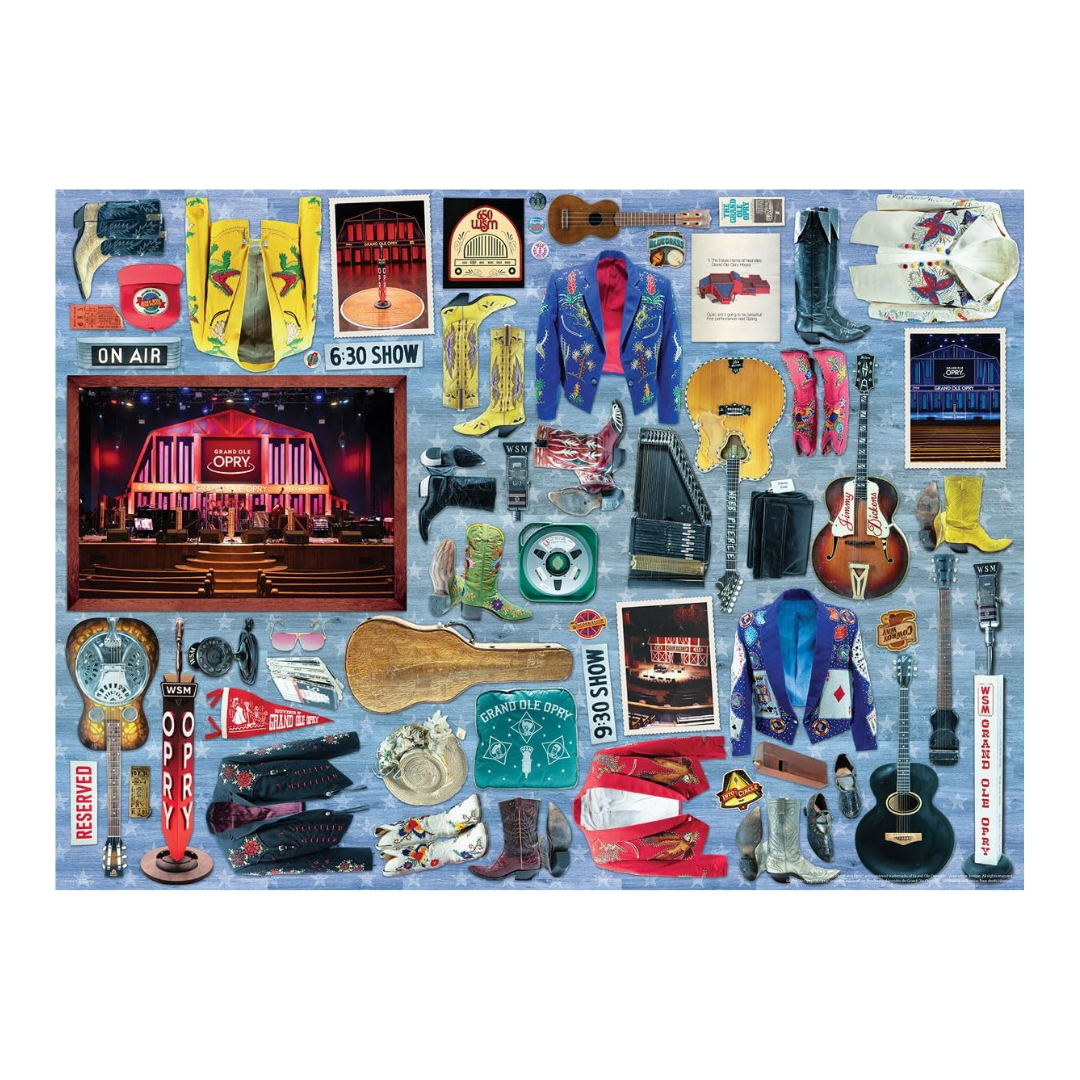 Collection of country music-themed items including guitars, boots, and stage decorations on a blue background.