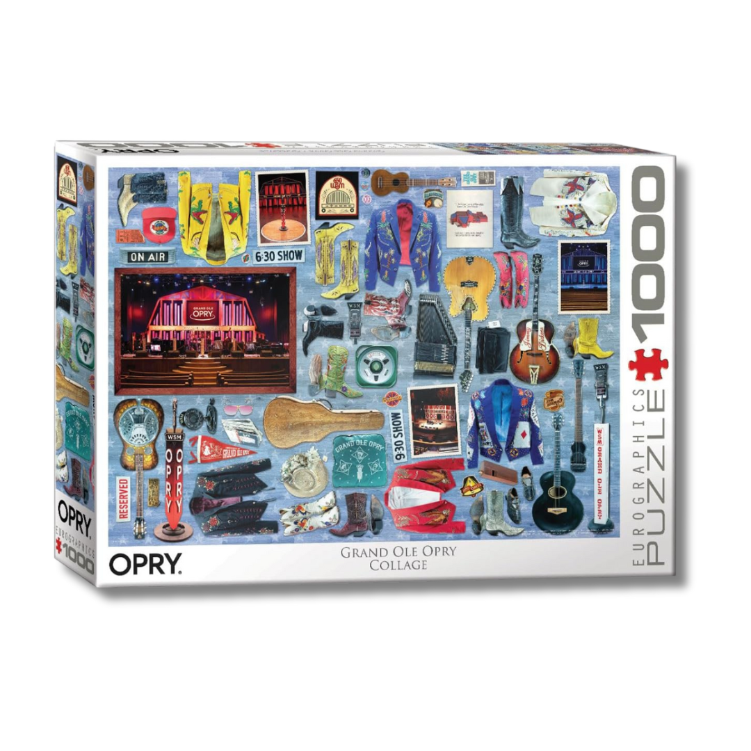 Jigsaw puzzle box featuring images of guitars and stage settings with 'Opry' branding.