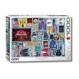 Jigsaw puzzle box featuring images of guitars and stage settings with 'Opry' branding.