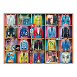 Display case with colorful jackets and accessories on hangers