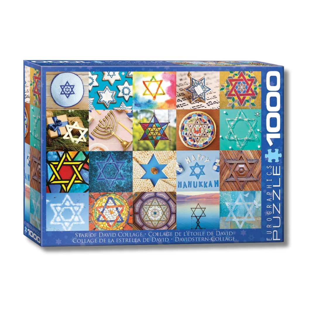 Jigsaw puzzle box with Star of David collage design on a white background