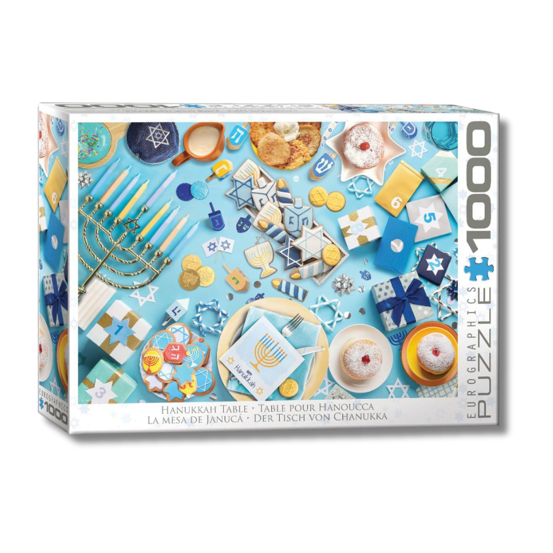 Jigsaw puzzle box featuring Hanukkah-themed illustrations on a blue background