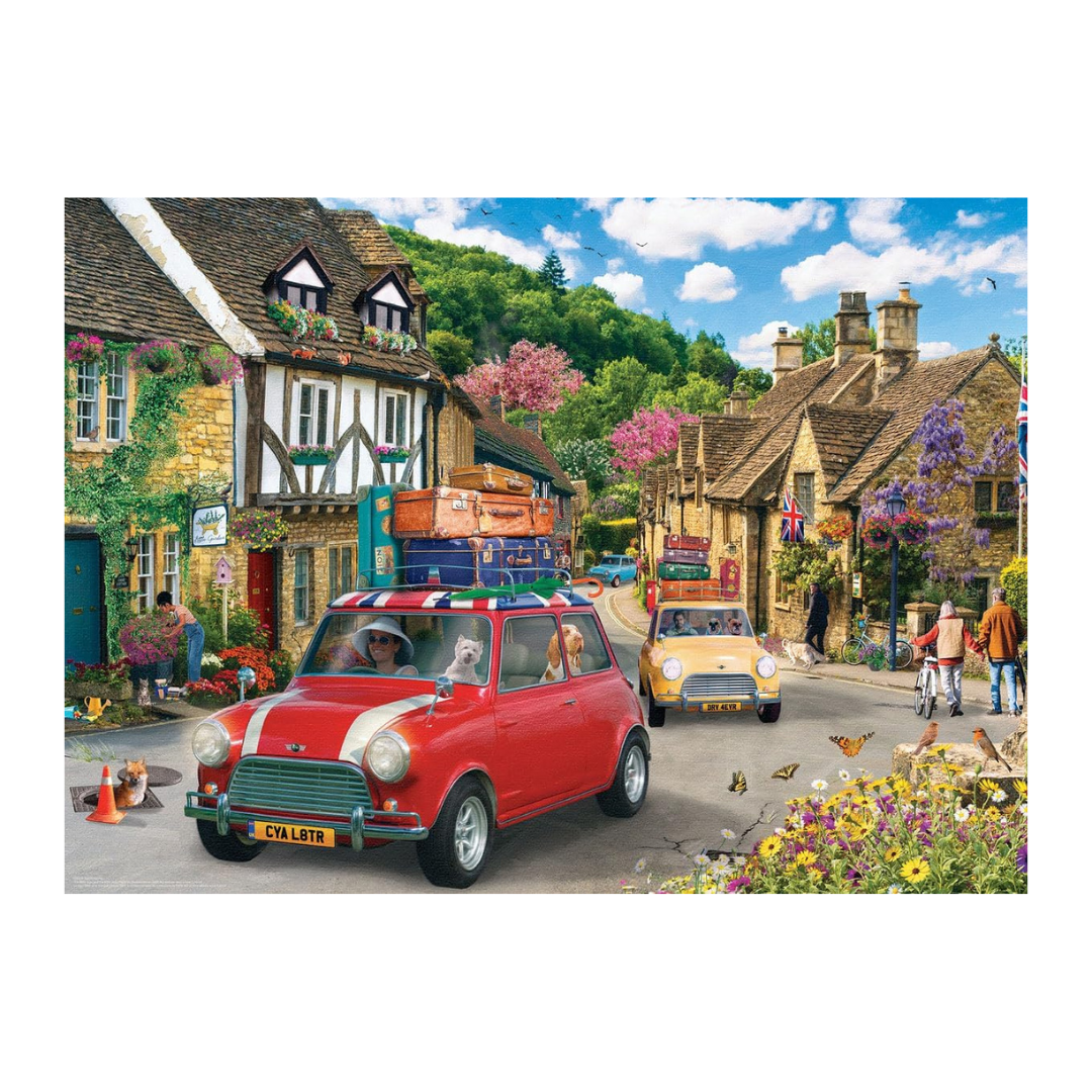Colorful scene of a red car with luggage in a quaint village setting