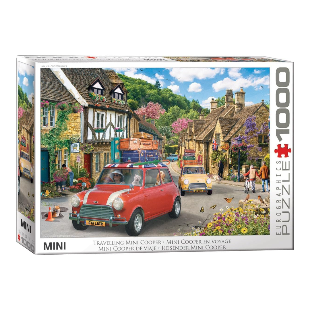 Jigsaw puzzle box featuring a scenic village with a red Mini Cooper car on a white background