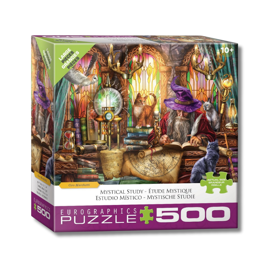 Jigsaw puzzle box with a wizard and cats in a mystical study design, featuring the Eurographics brand.
